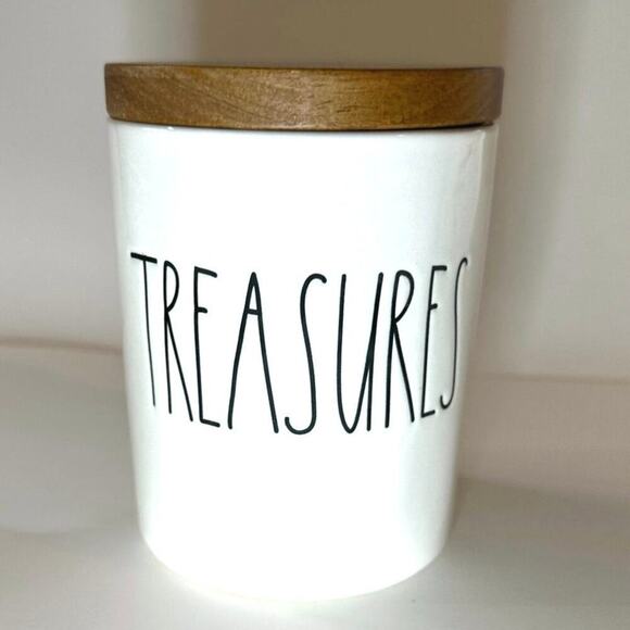 Rae Dunn by Magenta, Treasures Ceramic Canister w/Wood lid LL Farmhouse Decor - Picture 1 of 3